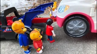 Fisher Price SUV BREAKS DOWN with Daniel Tiger Toys and Playmobil Tow Truck!