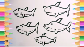 Baby Shark whole Family Drawing | Painting Coloring For kids | Toddler | Let's Draw | Shark Family