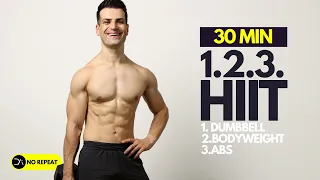 30 Min Dumbbell + Bodyweight + ABS HIIT Workout | No Repeat