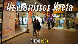 Hersonissos Crete, walking tour in 4k, nightlife of Hersonissos, Kreta, Greece 2023