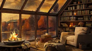 Autumn Cozy Lake Reading Ambience with Rain, Porch & Fireplace Sounds 🍁 Gentle Jazz to Relax & Study