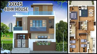 30'-0"x45'-0" 3D House Design With Layout Plan | 4BHK House Plan With Elevation | Gopal Architecture