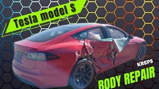 Tesla body repair. Боковой удар Tesla model S.#tesla #car #teslaplaid