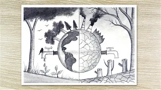 Environment Day Scenery Drawing by pencil, Save nature save earth drawing, Pencil Drawing
