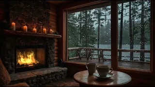 Nestled within a lakeside cabin, gazing out as snowflakes descend from the sky