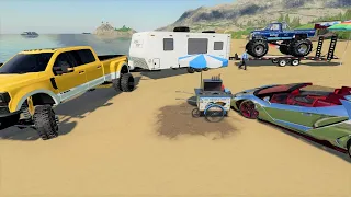 Millionaire camping on beach with Race Cars and Monster trucks | Farming Simulator 19