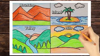 Different Types of Landforms Drawing | Landforms drawing easy | Easy Landforms school project