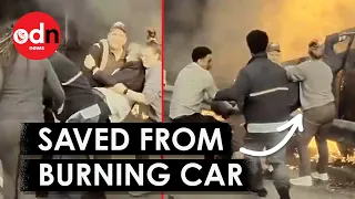 Dramatic Dashcam Video Shows Moment Man is Rescued From Burning Car