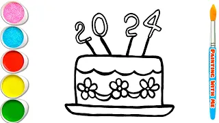 New Year 2024 Cake Drawing, Painting, Coloring For Kids and Toddlers. How To Draw A Cake Easy