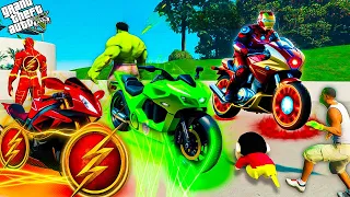 Franklin & Shinchan Stealing Flash Bike , Ironman Bike , Hulk Bike In GTA 5 Telugu ! HaNtHaKuDuBaBu