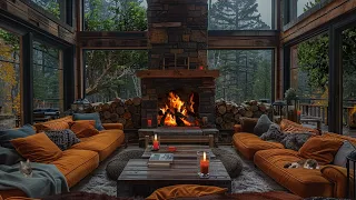 Cozy Attic with Fireplace and Candlelight in the Rain Forest | Relaxing Jazz Music for a Quiet Mood
