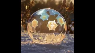 Снежинки красиво покрывают мыльный пузырь на морозе. Интересный эффект получается.