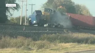 Train strikes semi-truck stuck on train tracks in Pendleton