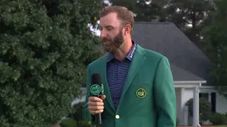 Dustin Johnson chokes up talking about his 2020 Masters win.