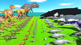 Dinosaurs revolt battle with Indominus Rex + Indoraptor + Giganotosaurus VS Team Whale + Aquatics