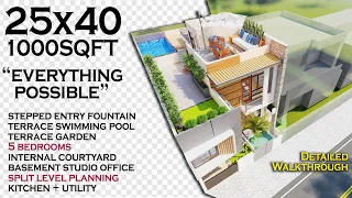 25X40 Feet | 1000 Sqft Split Level House Design with Waterfall Landscape Entrance | ID-141