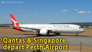 Qantas Airways (VH-ZNN) & Singapore Airlines (9V-SHU) depart RW03 at Perth Airport.