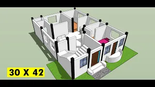 30 x 42 गांव के घर का खूबसूरत डिजाइन II 30 x 42 villa home design II 2 bhk house plan with 3d view