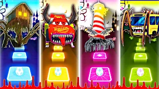 Bus Eater vs Spider HouseHead vs Lighthouse Monster vs Lightning Mcqueen Eater | Tiles Hop EDM Rush