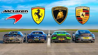 Ferrari 296 GTB vs McLaren 750S vs Lamborghini Huracán Performante vs Porsche 911 Turbo S - ГОНКА