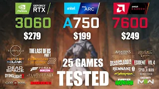 RTX 3060 12GB vs ARC A750 8GB vs RX 7600 8GB | R9 - 7950X3D | 1080p - 25 Games Tested