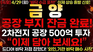 [금양] 4/29 (월) 공장 부지 잔금 완료! "2차전지 공장 500억 추가 투자!"