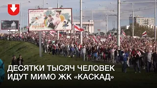 Десятки тысяч протестующих идут мимо ЖК «Каскад» в Минске 13 сентября