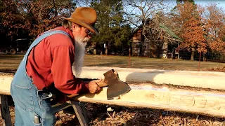 Hewing Oak Log for Floor Joist - Dovetail Log Cabin Build (Ep 6)