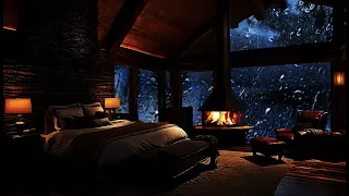 Ease into a cosy bedroom with a fireplace and listen to the sounds of heavy rain.