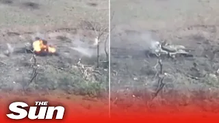 Russian Soviet tank is blown to pieces by Ukrainian mines