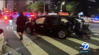 Suspect steals police cruiser in downtown LA, crashes into civilian vehicle after brief chase