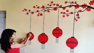 Wall Painting Idea Using Acrylic Color I Red Flower Decoration on Yellow Wall I Home Decor