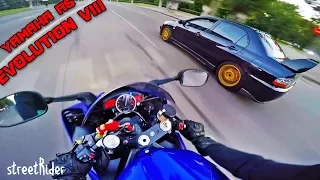 RACE OF TWO IDIOTS IN THE CENTER CITY || Mitsubishi EVO 8 vs Yamaha R6