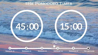 45 Minute Pomodoro Timer🌊Ocean Wave (파도 ASMR) 📚5-Hour Study ⏱Pomodoro 45/15, 45 min x 5 sets