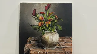 Red Calla Lilies in Vase || Step -by- Step Acrylic Painting