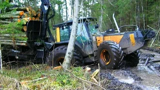 Valtra forestry tractor with big trailer in wet forest