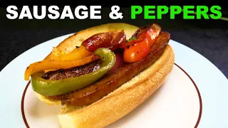 Sausage and peppers | sweet vinegar pan sauce | polenta or hoagie rolls