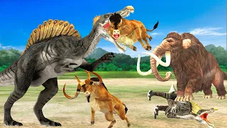 Spinosaurus Vs Woolly Mammoth | Mammoth Elephant Save Cartoon Cow from Dinosaur Revolt Epic Battle