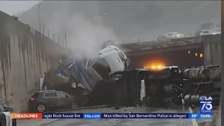 Box truck tumbles off interchange and onto cars near Santa Clarita