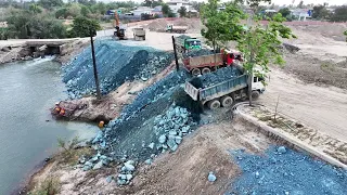 Complete 100% RiverBank Slope Construction With Team15ton Truck Unloading Stone Excavator Clearing
