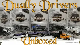 Greenlight Dually Drivers series 4 unboxed. GL Goose Neck Trailer, Hot Wheels 100% Chevy Dually