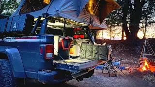 Overnight Cold Weather Winter Truck Camping in my RTT with Diesel Heater