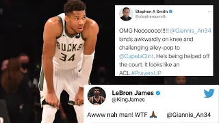 LeBron James and Nba Fans react to Giannis Antetokounmpo knee injury in playoff game.