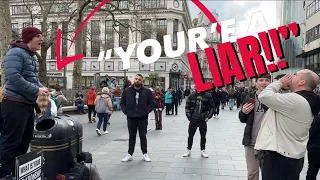 FURIOUS Atheist Welcomes us to London!!  And Heart Trouble? Powerful street Preaching