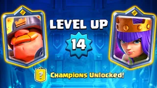 Clash Royale. I'm FINALLY Level 14! My First Champions. EPIC Legendary King's Chest Opening.