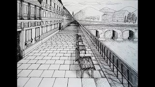 Draw - city center with bridge - one point perspective