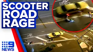 Moment driver tries to mow down four e-scooter riders in road rage attack | 9 News Australia