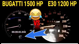 BMW E30 1200 HP VS Bugatti Chiron 1500 HP  Acceleration Sound 0-300 #RollingRace 100-300km/h