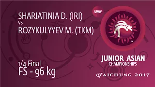 1/4 FS - 96 kg: D. SHARIATINIA (IRI) df. M. ROZYKULYYEV (TKM) by TF, 10-0