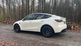 Tesla Y on rainy forest road Driving video Test drive POV ASMR (Binaural audio)